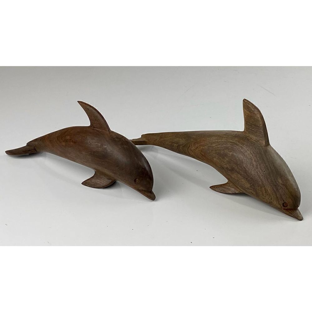 Vintage Handcrafted Ironwood Pair of Dolphins Sculptures Figurines 12in Solid DJ